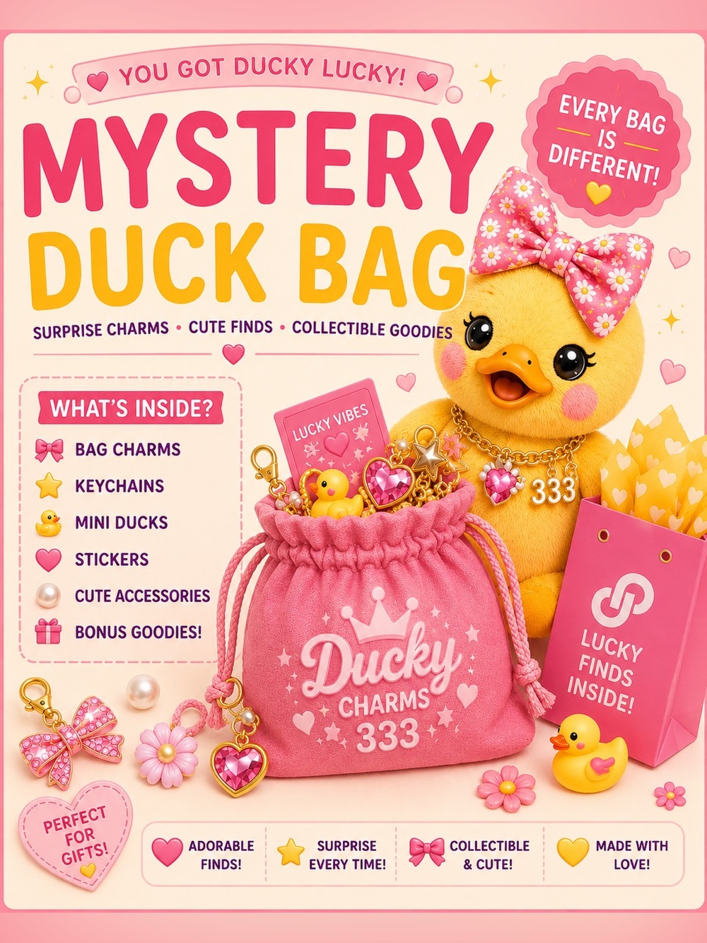 🐥🍓𝐌𝐘𝐒𝐓𝐄𝐑𝐘 𝐃𝐔𝐂𝐊𝐘 𝐁𝐀𝐆𝐒✨🐥 Cute Surprise Charms • Lucky Finds • Collectible Goodies